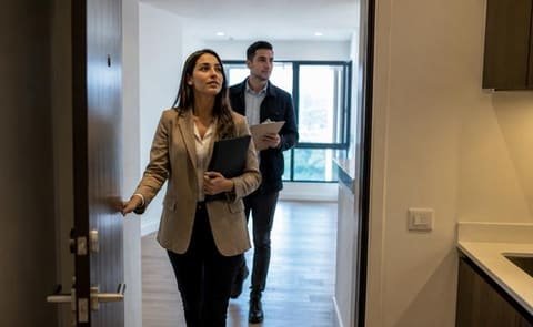 A property manager showing a prospective tenant through an apartment