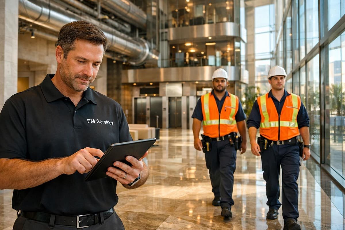 A facilities manager reviewing a commercial building with maintenance staff