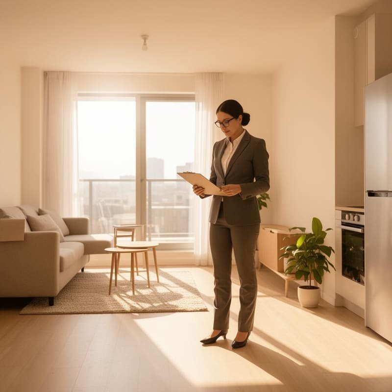 A property manager inspecting a sunlit Bangalore apartment